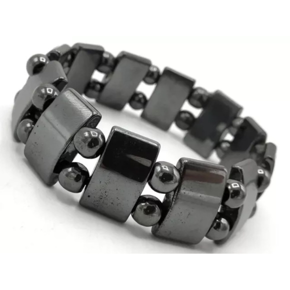 NWOT Genuine Black Hematite Rectangle Gemstone Design Stretchable Bracelet - Picture 4 of 4